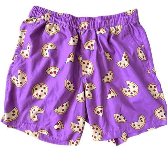 Purple pizza print swim trunks with 3 pockets & secure key loop in back pocket - Picture 1 of 6